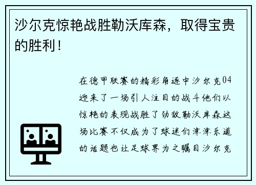 沙尔克惊艳战胜勒沃库森，取得宝贵的胜利！