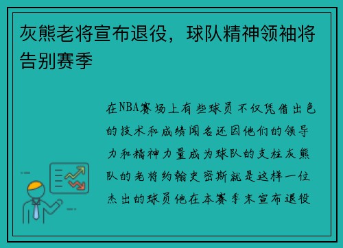 灰熊老将宣布退役，球队精神领袖将告别赛季